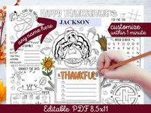 Thanksgiving Kids Placemats Coloring PRINTABLE, Personalized Template, Table Decor, Mats, Thankful, Turkey Sheet Activities, EDITABLE PDF