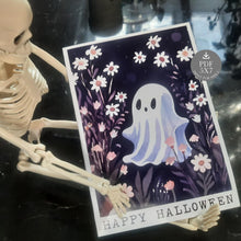 Happy Halloween Card Set PRINTABLE Cute Ghost With Flowers And Moon