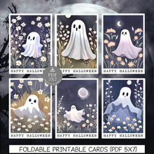 Happy Halloween Card Set PRINTABLE Cute Ghost With Flowers And Moon