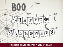 Happy Halloween Banner Printable – Minimalist Gothic Typography with Bats & Pumpkin Flags | Instant Download for Party Decor