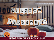 Happy Halloween Banner PRINTABLE – White Bunting with Gothic Typography & Spooky Icons | Instant Download for Party Decor
