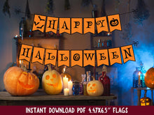 Happy Halloween Banner Printable – Orange Bunting with Gothic Typography & Spooky Icons | Instant Download for Party Decor