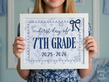 First Day Of 7th Grade Sign, Toile, PRINTABLE, Seventh Grade Back To School Sign, Photo Prop, Instant Download, Elegant Whimsical, Cute Bow