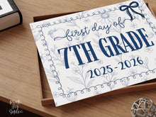 First Day Of 7th Grade Sign, Toile, PRINTABLE, Seventh Grade Back To School Sign, Photo Prop, Instant Download, Elegant Whimsical, Cute Bow