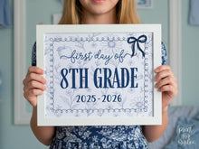 First Day Of 8th Grade Sign, Toile, PRINTABLE, Eighth Grade Back To School Sign, Photo Prop, Instant Download, Elegant Whimsical, Cute Bow