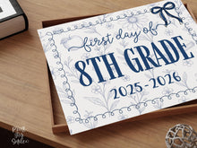 First Day Of 8th Grade Sign, Toile, PRINTABLE, Eighth Grade Back To School Sign, Photo Prop, Instant Download, Elegant Whimsical, Cute Bow