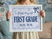 First Day Of First Grade Sign, Toile, PRINTABLE, 1st Grade Back To School Sign, Photo Prop, Instant Download, Elegant Whimsical, Cute Bow