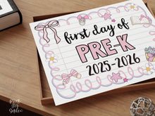Cute First Day Of Pre-K Sign PRINTABLE PreK School Sign Photo Prop, Instant Download, Pastel Coquette Bow Girly Whimsical Soft Colors Modern