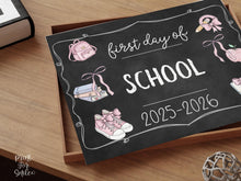 Pastel First Day Of School Sign PRINTABLE Photo Prop, Cute Chalkboard, Coquette Bow Girly Whimsical Soft Colors Modern
