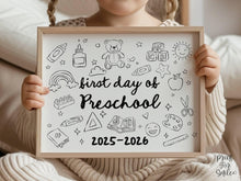 First Day of Preschool Sign PRINTABLE, Cute Back to School Sign, Hand Drawn Illustrated Whimsical Modern Photo Prop, Instant Download JPG