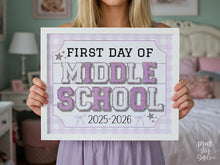 Glitter First Day Of Middle School Sign, PRINTABLE Back To School Sign, Whimsical Bold Modern Elegant Girl Photo Prop