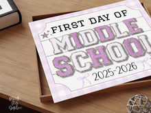Glitter First Day Of Middle School Sign, PRINTABLE Back To School Sign, Whimsical Bold Modern Elegant Girl Photo Prop