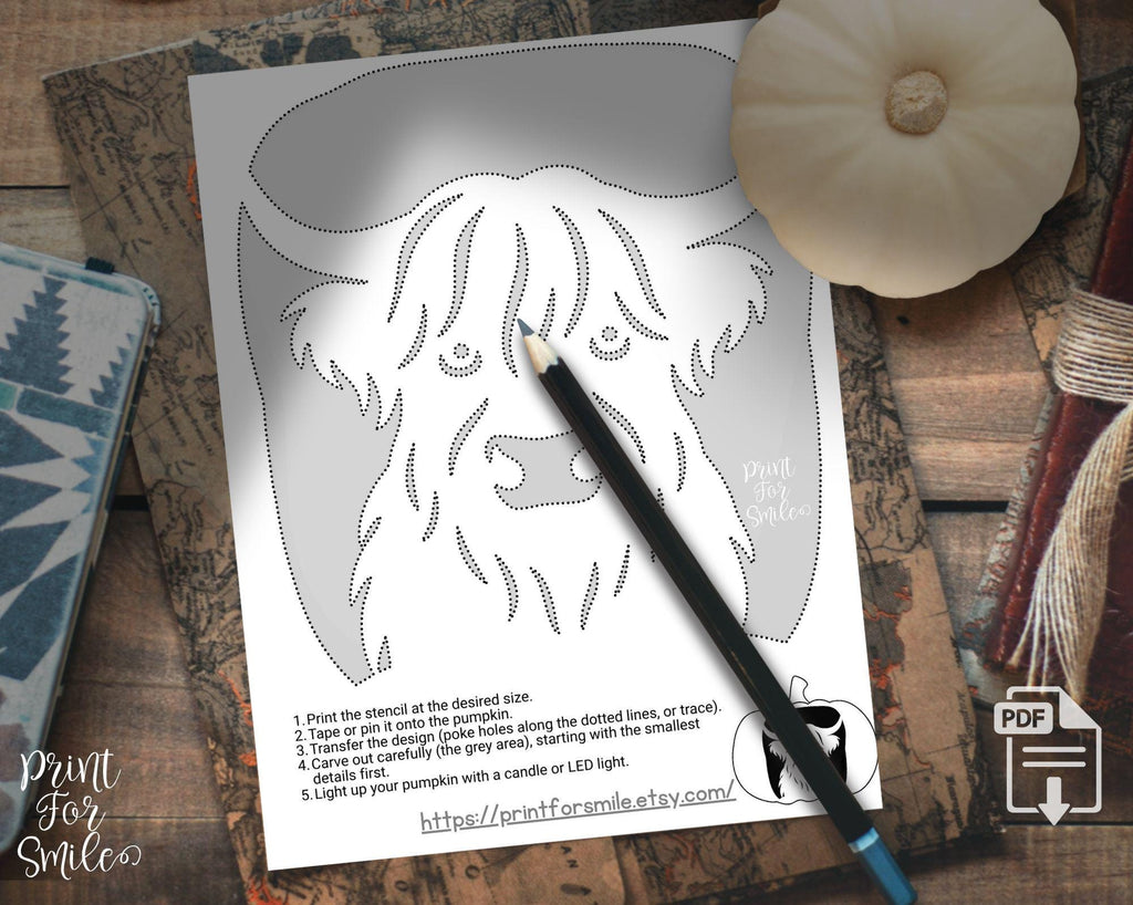 Highland Cow Pumpkin Carving Stencil Set, PRINTABLE Templates, Hallowe
