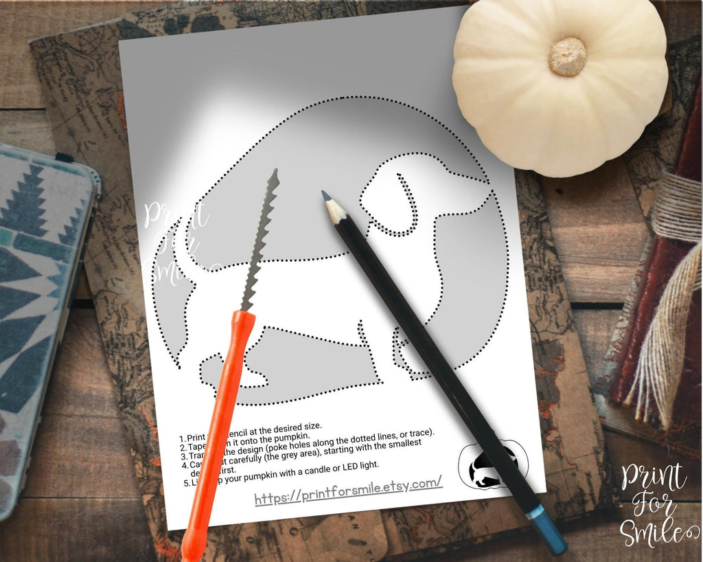 Dachshund Pumpkin Carving Stencil, Dog Stencil, Printable Halloween Pa