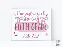 Girl First Day Of Fifth Grade Sign PRINTABLE, 5th Grade Back To School Sign, Cute Coquette Bow Pink Y2K Photo Prop, Balletcore Aesthetic