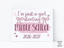 Girl First Day Of Middle School Sign, PRINTABLE Back To School Sign, Cute Coquette Bow Pink Y2K Photo Prop, Balletcore Aesthetic