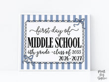 Blue First Day Of Middle School Sign PRINTABLE, 6th Grade Coquette Girl Back To School Sign, 1st Day Photo Prop, Cute Bow, Instant Download