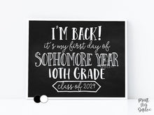 First Day of Sophomore Year 10th Grade Sign Printable, Back to School Sign, Clean + Chalkboard 1st Day Tenth Grade Poster for Boy or Girl