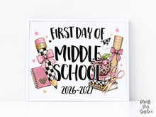 First Day of Middle School Sign, Girl Printable, Pink Coquette Bow, Checkered Leopard, Back to School Sign, Digital Download