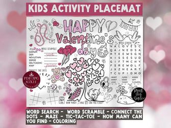 Valentines Day Placemat PRINTABLE Kids Activity Page Coloring Party