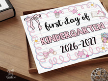 Cute First Day Of Kindergarten Sign PRINTABLE School Sign Photo Prop, Instant Download, Pastel Coquette Bow Girly Whimsical Modern