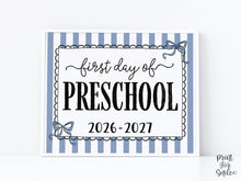 Blue First Day Of Preschool Sign Coquette PRINTABLE, Girl Back To School Sign, 1st Day Photo Prop, Instant Download, Cute Bow