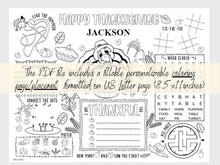 Thanksgiving Kids Placemats Coloring PRINTABLE, Personalized Template, Table Decor, Mats, Thankful, Turkey Sheet Activities, EDITABLE PDF