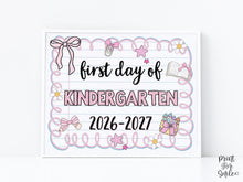 Cute First Day Of Kindergarten Sign PRINTABLE School Sign Photo Prop, Instant Download, Pastel Coquette Bow Girly Whimsical Modern