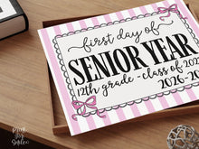 Pink First Day Of Senior Year Sign Coquette PRINTABLE, Back To School Sign, Girl Photo Prop Instant Download Bow, Class Of 2027, 12th Grade