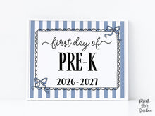 Blue First Day Of Pre-K Sign Coquette PRINTABLE, Girl Back To School Sign, 1st Day Photo Prop, Cute Bow PreK, Instant Download