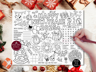 New Years Placemat PRINTABLE Happy New Year Eve 2025, Party Activity Sheet, Coloring Page