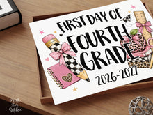 First Day of 4th Grade Sign, Girl Printable, Pink Coquette Bow, Checkered Leopard, Back to School Sign, Digital Download