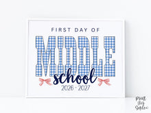 Gingham First Day Of Middle School Sign Printable, 1st Day Girl Photo Prop, Blue Back To School Sign, Instant Download