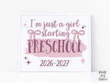 Girl First Day Of Preschool Sign, PRINTABLE Back To School Sign, Cute Coquette Bow Pink Y2K Photo Prop, Balletcore Aesthetic