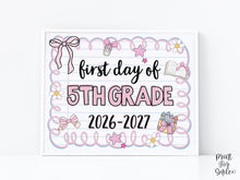 Cute First Day Of 5th Grade Sign PRINTABLE Fifth Grade School Sign Photo Prop Instant Download Pastel Coquette Bow Girly Whimsical Modern