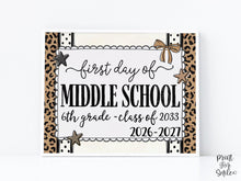 First Day of Middle School 6th Grade Sign, Leopard Coquette Printable, 1st Day Girl Sixth Grade Back to School Sign, Trendy Bow Polka Dot