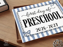 Blue First Day Of Preschool Sign Coquette PRINTABLE, Girl Back To School Sign, 1st Day Photo Prop, Instant Download, Cute Bow
