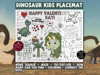 Dinosaur Valentine's Day Placemat PRINTABLE Activity Sheet For Kids Table Party Dino Decor Coloring