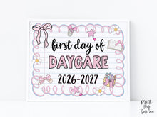 Cute First Day Of Daycare Sign PRINTABLE School Sign Photo Prop, Instant Download, Pastel Coquette Bow Girly Whimsical Soft Colors, Modern
