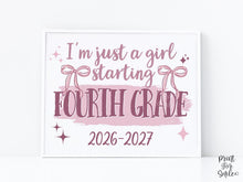 Girl First Day Of Fourth Grade Sign PRINTABLE, 4th Grade Back To School Sign, Cute Coquette Bow Pink Y2K Photo Prop, Balletcore Aesthetic