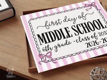 Pink First Day Of Middle School Sign PRINTABLE, 6th Grade Coquette Girl Back To School Sign, 1st Day Photo Prop, Cute Bow, Instant Download