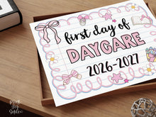 Cute First Day Of Daycare Sign PRINTABLE School Sign Photo Prop, Instant Download, Pastel Coquette Bow Girly Whimsical Soft Colors, Modern