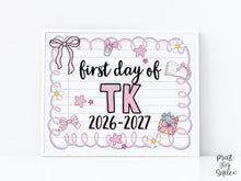 Cute First Day Of TK Sign PRINTABLE School Sign Photo Prop, Instant Download, Pastel Coquette Bow Girly Whimsical Soft Colors, Modern