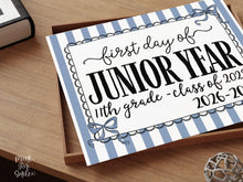 Blue First Day Of Junior Year Sign Coquette PRINTABLE, Back To School Sign, Girl Photo Prop Instant Download Bow, Class Of 2028, 11th Grade
