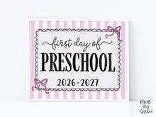 Pink First Day Of Preschool Sign Coquette PRINTABLE, Girl Back To School Sign, 1st Day Photo Prop, Instant Download, Cute Bow