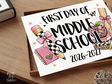 First Day of Middle School Sign, Girl Printable, Pink Coquette Bow, Checkered Leopard, Back to School Sign, Digital Download