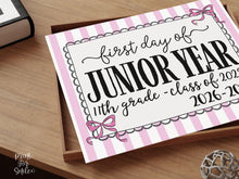 Pink First Day Of Junior Year Sign Coquette PRINTABLE, Back To School Sign, Girl Photo Prop Instant Download Bow, Class Of 2028, 11th Grade