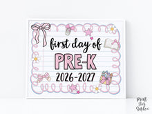 Cute First Day Of Pre-K Sign PRINTABLE PreK School Sign Photo Prop, Instant Download, Pastel Coquette Bow Girly Whimsical Soft Colors Modern