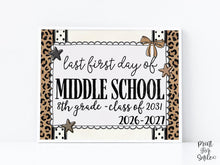 Last First Day of Middle School 8th Grade Sign, Leopard Coquette Printable, 1st Day Girl Back to School Sign, Trendy Bow Polka Dot