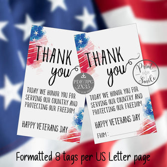 Veterans Day Gift Tags Printable Thank You Happy Military
